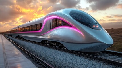 Naklejka premium Futuristic high-speed train at sunset.