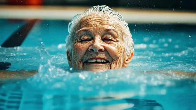 Joyful elderly woman swimming in pool with splashing water droplets - concept of sport and vitality