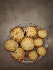 Delicious homemade sweet cheese pastries on a glass plate in prague copy space