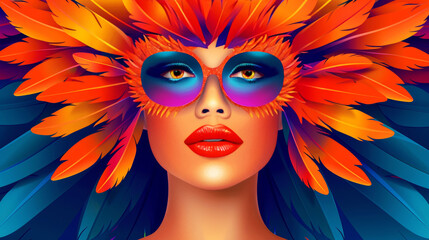 Fototapeta premium Woman With Carnival Feathers, Headdress, And Makeup. Mardi Gras, Festive Celebration Concept.