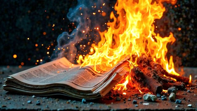 newspapers burn with bright orange fire, new technologies, the struggle between old and new, the zoomer generation
