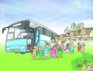 school children and tourist bus, color illustration