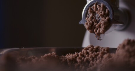 Fresh minced meat being processed in a mincer