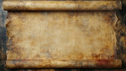 An unfurled, aged scroll of parchment lies flat on a rustic wooden surface, ready to be filled with text or imagery.