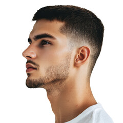 Obraz premium Portrait of a handsome man with a short haircut, side view, on transparent background PNG
