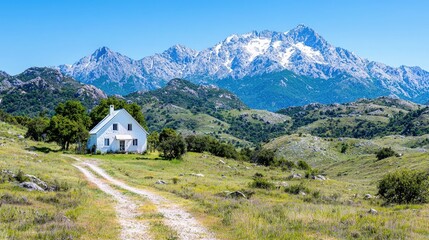 Fototapeta premium White house on hillside with majestic mountain view.
