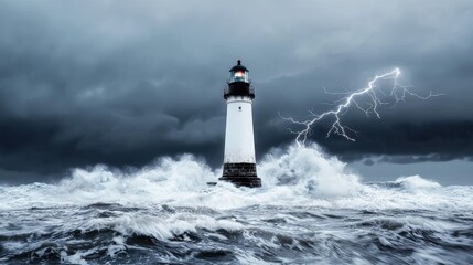 Obraz premium Lighthouse weathering stormy sea and lightning.