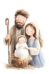 Nativity scene vibrant illustration with baby Jesus, Mary, and Joseph on transparent background. Illustrating the essence of Christmas and the holy family © Lara