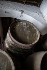 Solera system in old Andalusian wine cellar, process for aging sherry wine in barrels, fino, manzanilla, olorosso, amontillado jerez fortified wine, Sanlucar de Barrameda, Cadiz, Andalusia, Spain