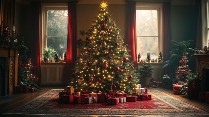 Elegant Christmas Tree Decorated With Ornaments And Gifts