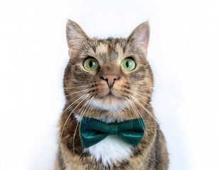 Tabby Cat with Green Eyes Wearing Dark Green Bow Tie