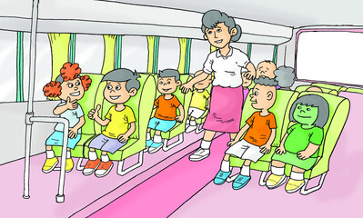 school children and tourist bus, color illustration