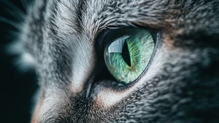 Close-up of a cat's green eye with a dark background.