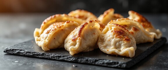 Golden Crispy Dumplings Deliciously Arranged on Black Slate Plate