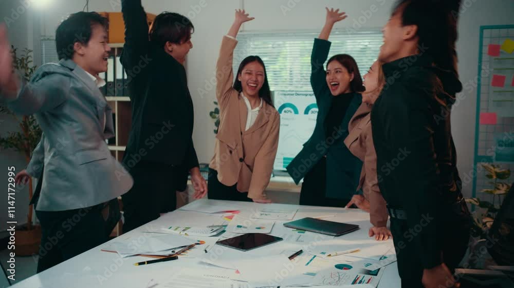 Poster diverse group of professionals celebrates achievement, clapping and cheering around a table with doc