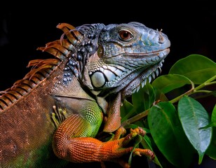 Fototapeta premium Green, Blue, and Orange Iguana on Branch with Green Leaves