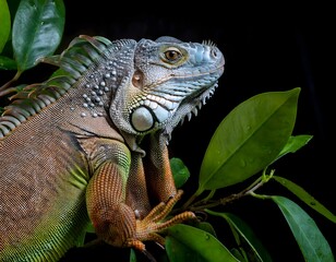 Obraz premium Green Iguana on Branch with Leaves