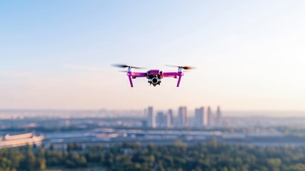 Fototapeta premium Magenta quadcopter drone hovering in the sky with a blurred city skyline and green forest in the background during a bright hazy day.