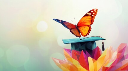 A colorful butterfly perched on a graduation cap, symbolizing growth and transformation.