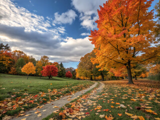 autumn in the park. autumn, tree, fall, leaves, trees, park, nature, landscape, forest, leaf, sky, green, red, yellow, season, maple, orange, grass, foliage, color, blue, colorful, branch, road, woods