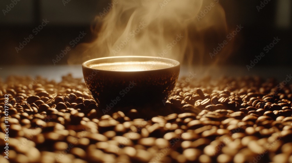 Poster warm cup of coffee sits in a calm setting surrounded by fresh coffee beans in soft, natural light. g