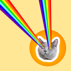 Cat shooting with rainbow lasers from eyes on beige background. Stylish poster