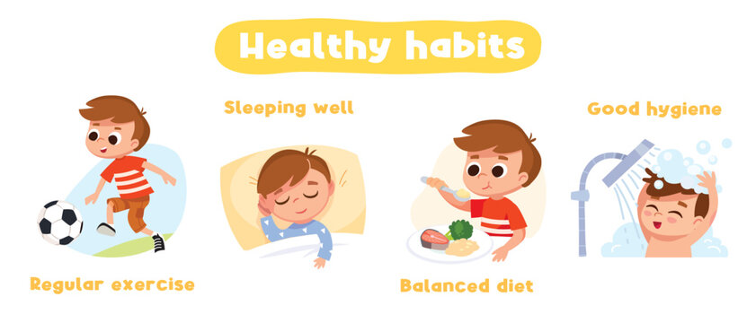 Boy doing morning routine. Children healthy lifestyle. Kid accomplishes daily  routine, tasks: wakes up, having breakfast,  playing outdoors, going to bed, sleeping, wake up, take shower. 