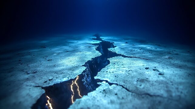 Close-up of seafloor rift along the Mid-Atlantic Ridge, tectonic plates pulling apart, surreal underwater lighting, volcanic rock details, mysterious ambiance