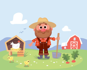 A farmer Old MacDonald stands holding a shovel in his hand on a farm in front of a house, chickens are running around, the hen incubates the eggs, beetroot is growing