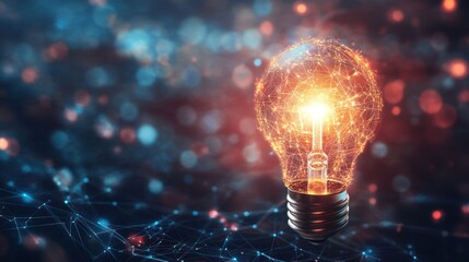 A glowing light bulb with a network of lines and dots around it, representing innovation, creativity and new ideas.