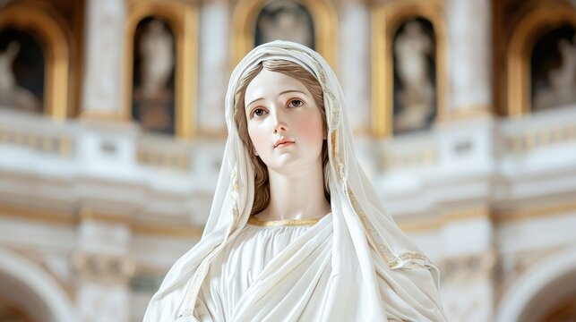 Close-up of serene Virgin Mary statue in church.