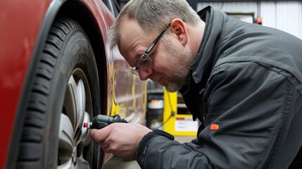 Fototapeta premium An auto mechanic in a garage carefully checks the tire pressure of a vehicle using professional equipment, ensuring vehicle safety as part of routine maintenance procedures .