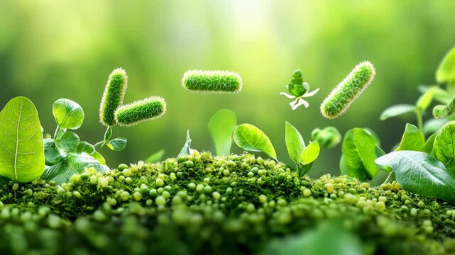 Bacteria converting organic waste into energy, Biogas bacteria, Showcases eco-friendly energy production from waste.