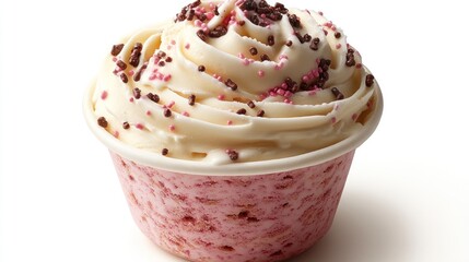 Delicious vanilla ice cream cupcake with pink base and sprinkles.
