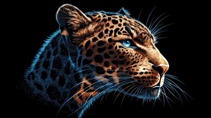 Obraz premium Majestic leopard headshot, vibrant orange and black fur against a shadowed background, high-definition detail for a powerful predator aesthetic