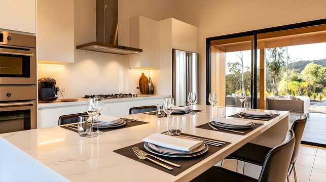 Open-plan kitchen and dining space, marble counters, sleek appliances, elegant table setting