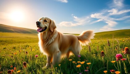 dog standing on the grass against a bright sky background