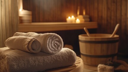 A wooden sauna with white towels, a wooden bucket, and candles.