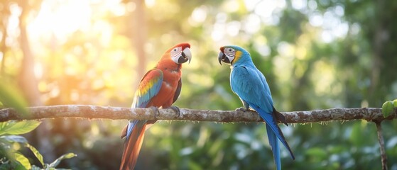 Naklejka premium Two macaws perched on a branch at sunset.