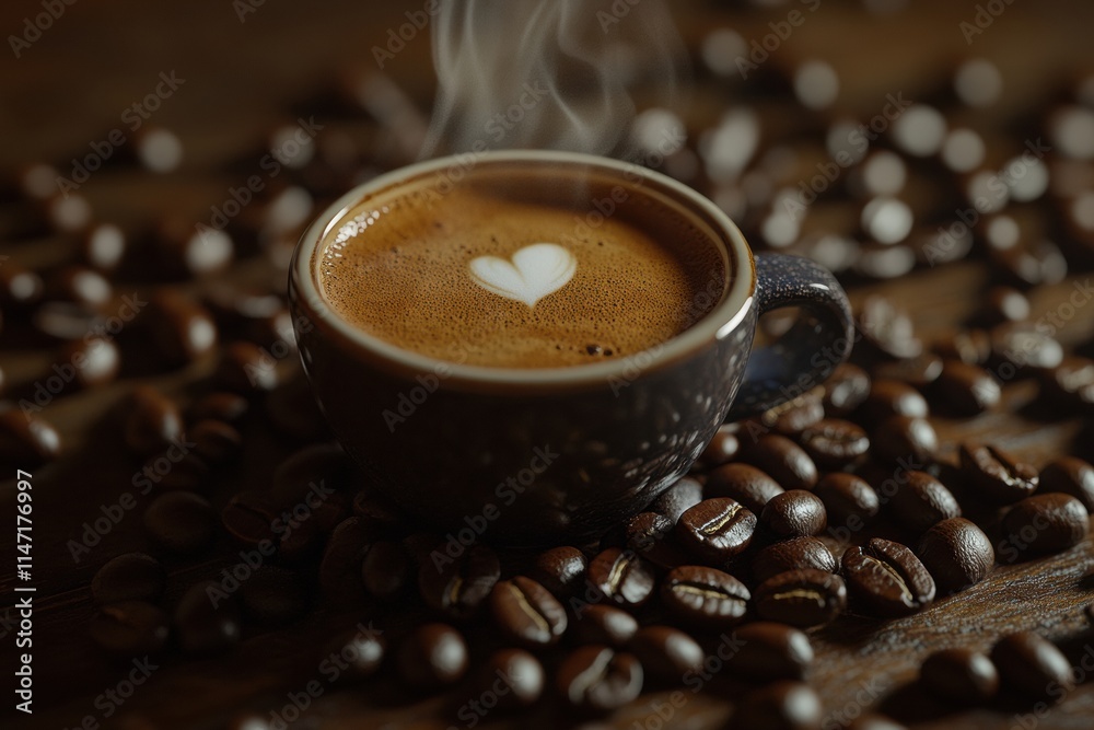 Poster close up of a steaming cup of coffee surrounded by coffee beans on a rustic wooden surface. generati