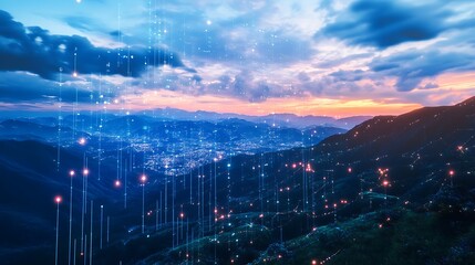 Night Cityscape Illuminated Data Streams Over Mountains
