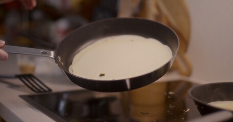 Baking a Pancake in a Pan Close-Up