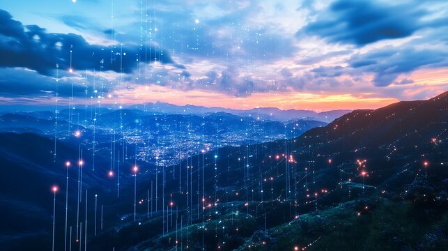 Night Cityscape Illuminated Data Streams Over Mountains