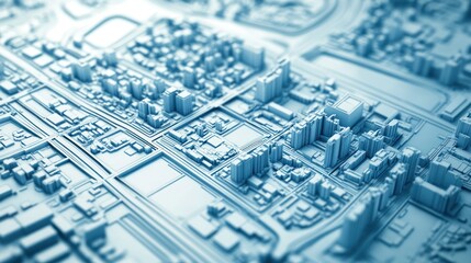 Abstract 3D rendering of a modern city with buildings, streets, and infrastructure.