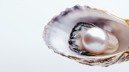 Close-up of a shiny pearl in an open oyster shell, its smooth texture glistening under soft lighting, set against a pristine white background