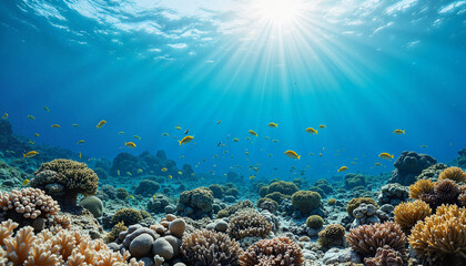 Naklejka premium Vibrant coral reef with tropical fish and sunlight rays underwater