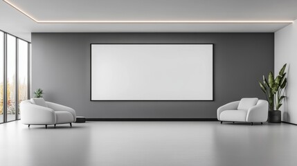 Modern minimalistic interior design with stylish white sofas and empty wall ready for artwork display