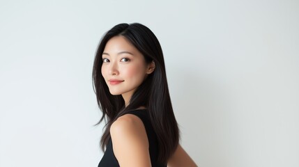 Naklejka premium Woman posing gracefully against a light background showcasing stylish black attire and elegant long hair.