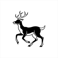 A deer animal silhouette vector, running, jumping, style design, plain black and white 