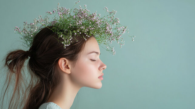 A woman concerned about hair thinning and loss, growth treatments and scalp care. this addresses stress related hair fall and explores solutions, hormone, worry, shampoo.